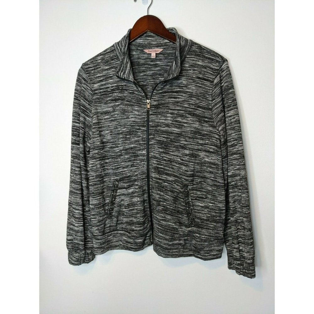 Juicy Couture Velour Velvet Jacket Hoodie Gray Black Large Rhinestone Pockets - Picture 2 of 8